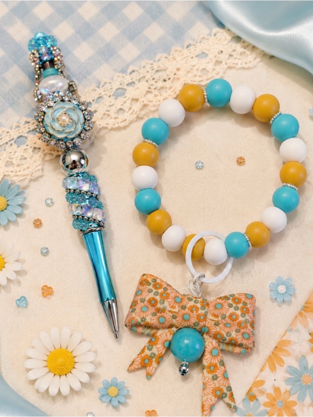 Handmade Beaded Wristlet Keychain with Bow Charm & Beaded Pen Set